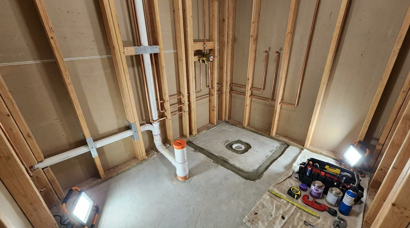 Bathroom rough-in plumbing during remodel by Johns Plumbing LLC in Brookneal