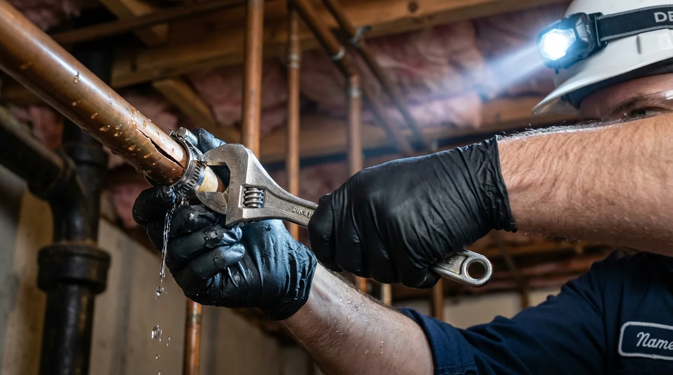 Emergency pipe clamp repair being performed by a Johns Plumbing LLC plumber in Brookneal
