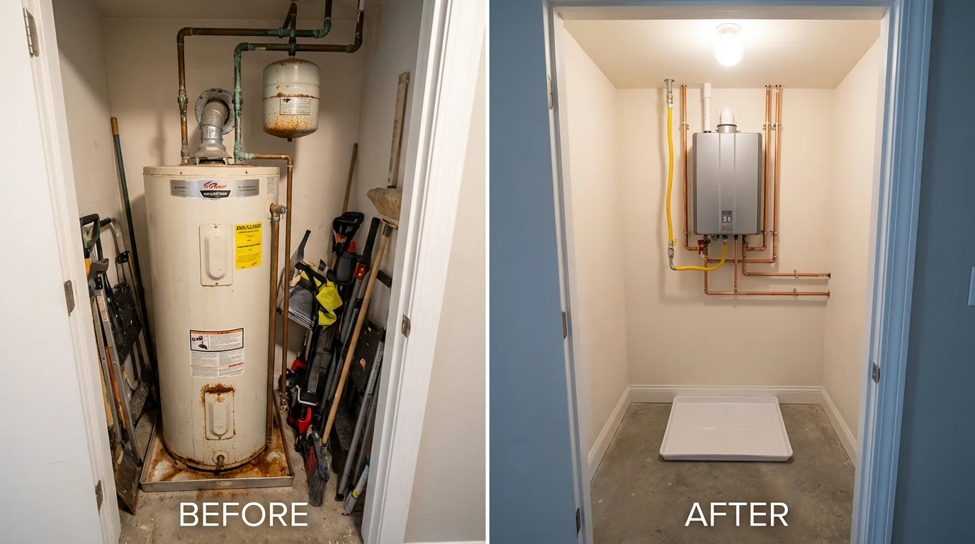 Tank water heater versus wall-mounted tankless unit comparison for Brookneal, VA homeowners