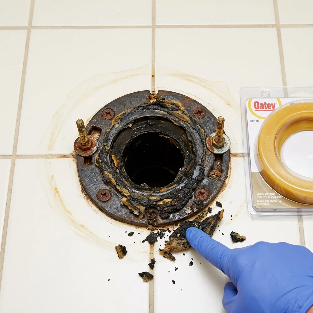Failed wax ring showing water seepage at the base of a toilet in a Brookneal, VA home
