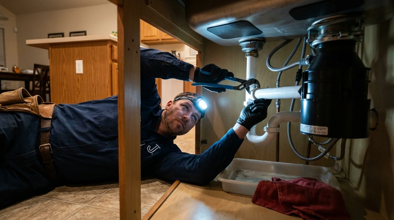 P-trap and supply line connections under a kitchen sink showing a common leak point in Brookneal, VA